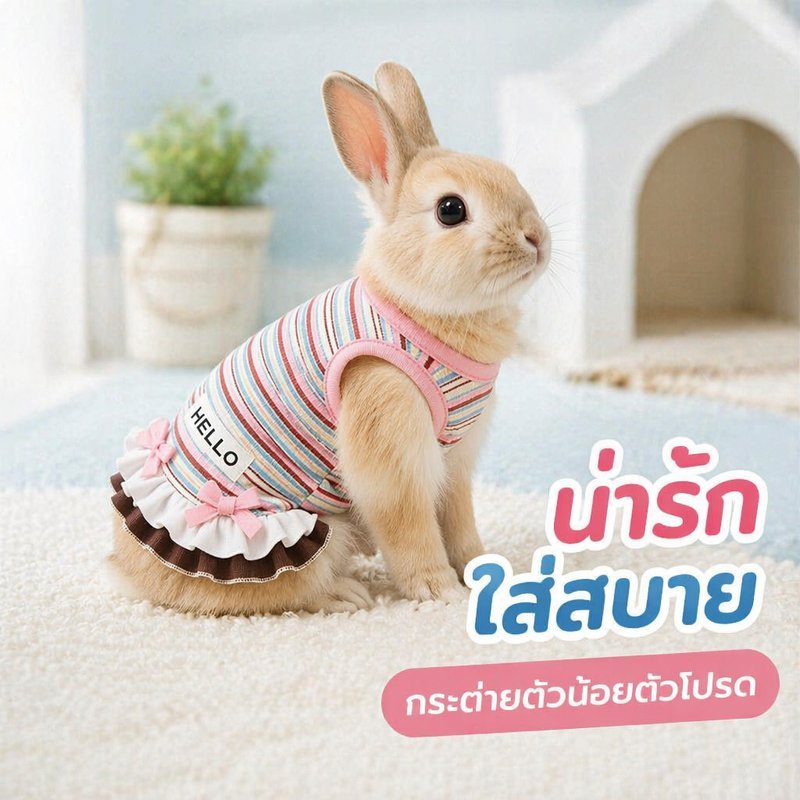 ชุดกระต่ายเล็ก เสื้อกระต่าย ผ้าระบายอากาศ ลายทางสีรุ้ง กระโปรงลูกไม้ ใส่ง่าย ถอดง่าย
