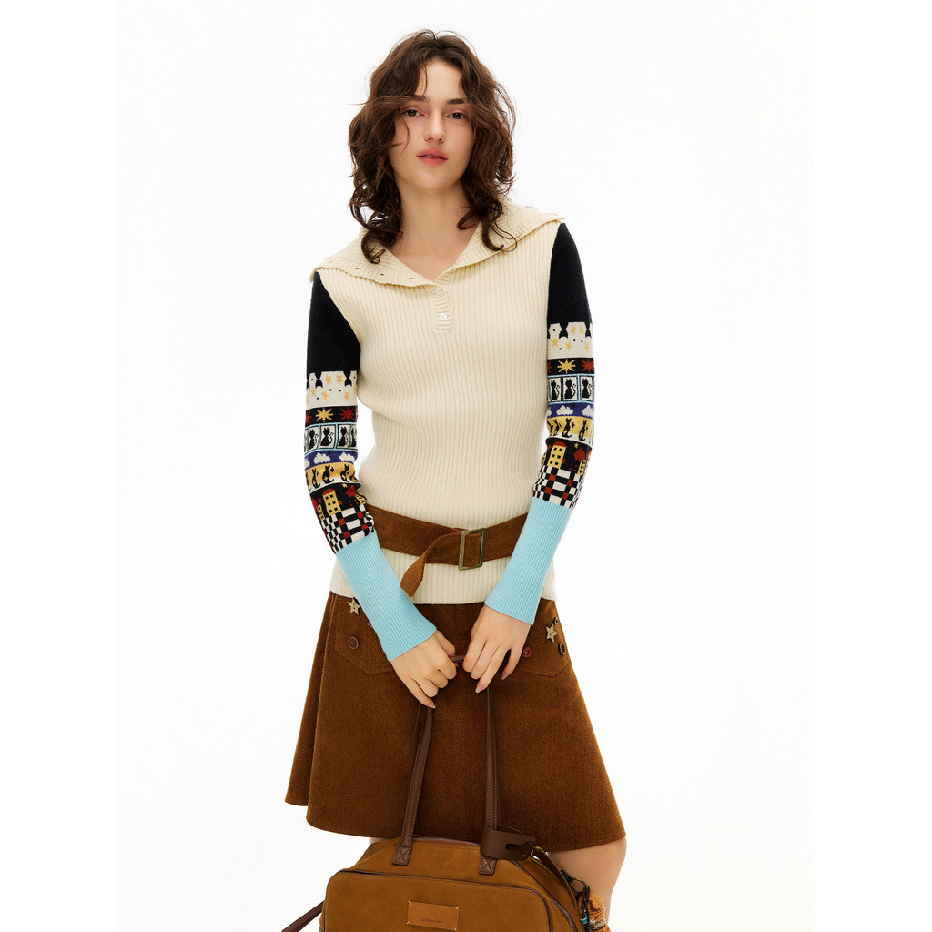 Outthe Blue < Dream Cat} Jacquard Pit Strip Lapel Slim-fit Wool Knit Sweater Top