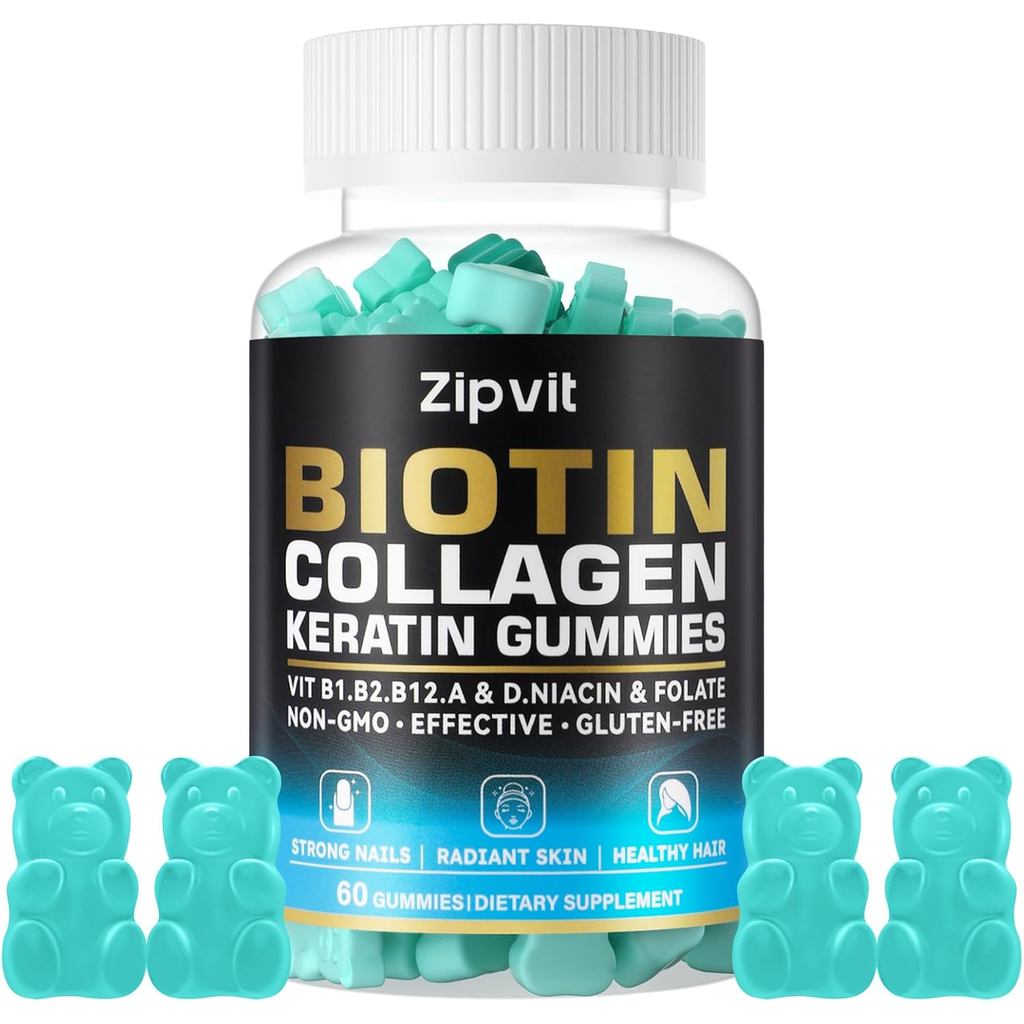Zipvit Biotin Collagen Gummies – ผิวผมและเล็บ วิตามินสําหรับผู้หญิงและผู้ชาย – วิตามินปลูกผม: B1, B2