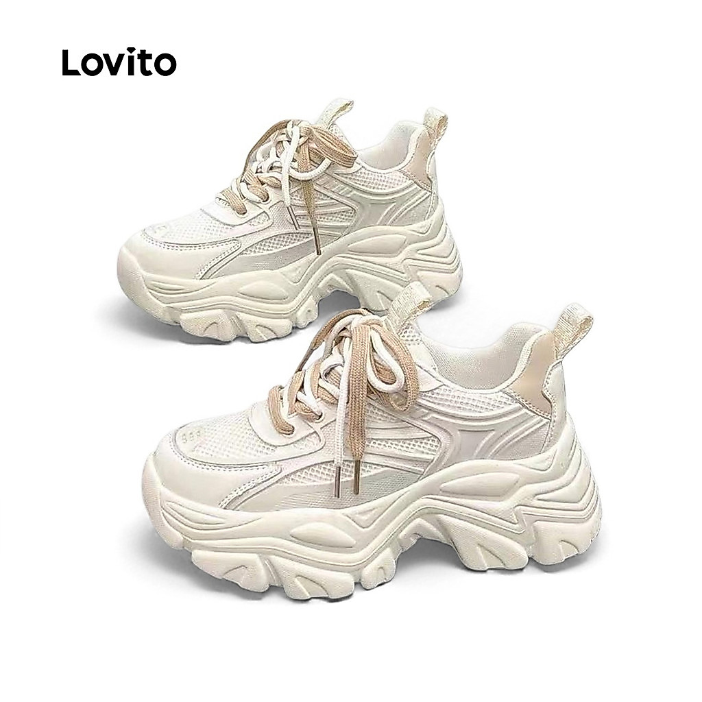 Lovito ลําลองธรรมดา บล็อกสี แฟชั่นพื้นหนาด้านในเพิ่มความสูงกระจายรองเท้าผ้าใบฐานเค้กสําหรับผู้หญิง L