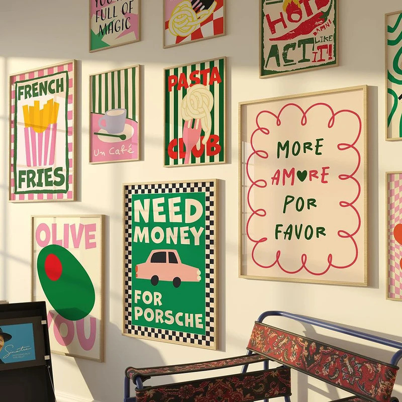 W8BZ สีอาหาร Art คําคมโปสเตอร์ Pasta Club ภาพวาดผ้าใบพิมพ์ผนัง French Fries ภาพห้องครัวสําหรับ Livin