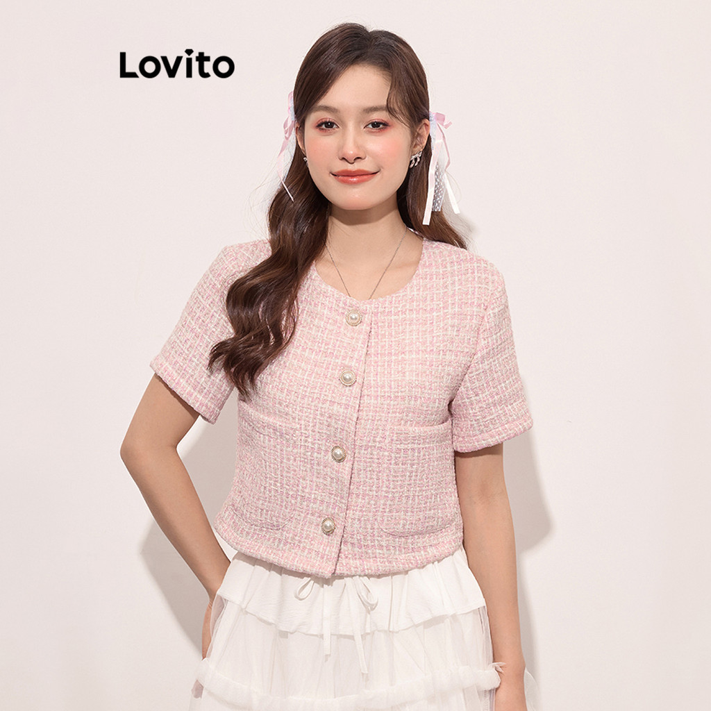 (สง่างาม) Lovito เสื้อแจ็คเก็ตลําลองเสื้อแจ็คเก็ตผ้าพื้นผิวกระเป๋าปุ่มธรรมดาสําหรับผู้หญิง L117ADD104