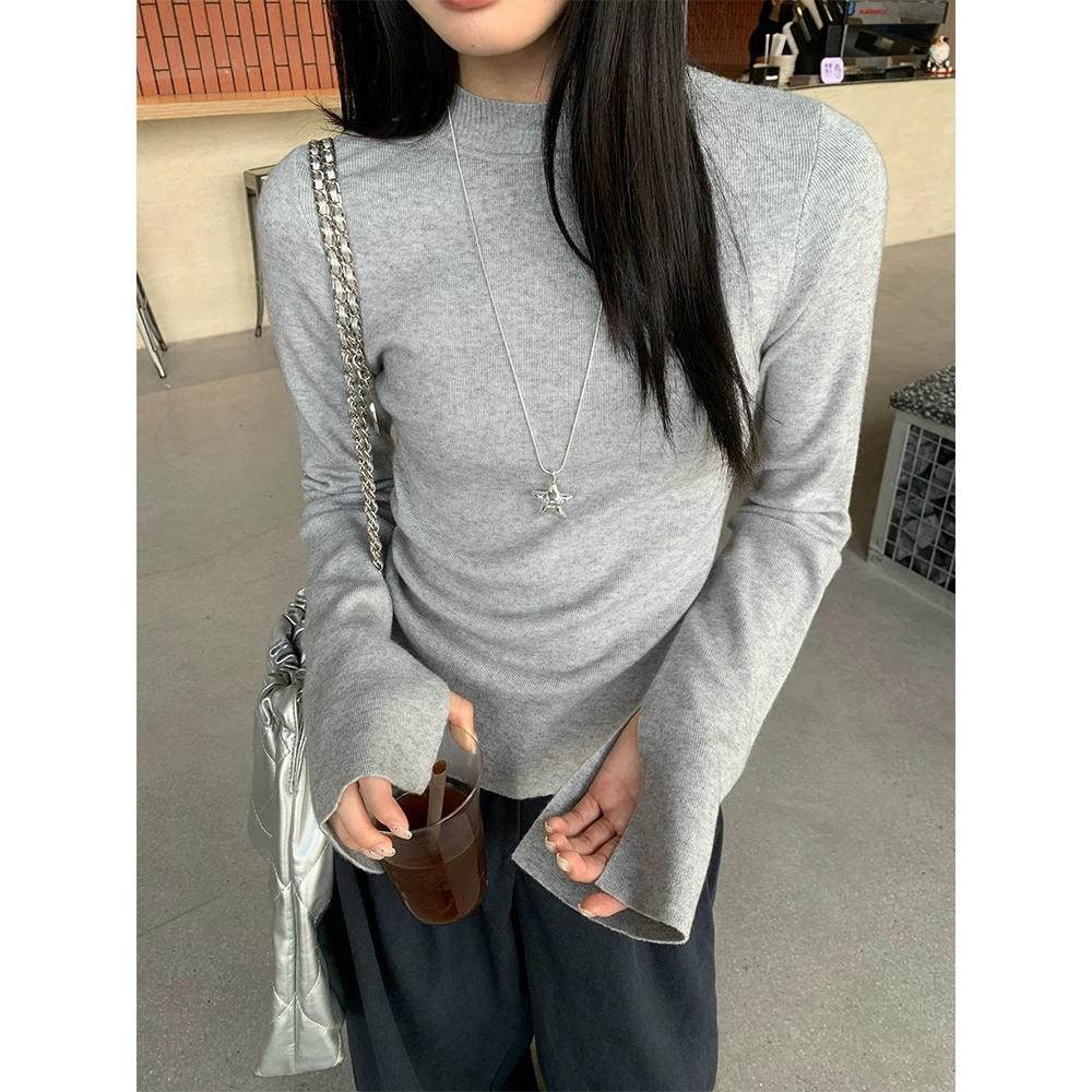 MOESSQUEEN มอสส์ กึ่งคอเต่าถักเสื้อกันหนาวแขนฮอร์นบาง เหมาะสำหรับสวมใส่ในชีวิตประจำวันและสไตล์เกาหลีเรียบหรู#59969