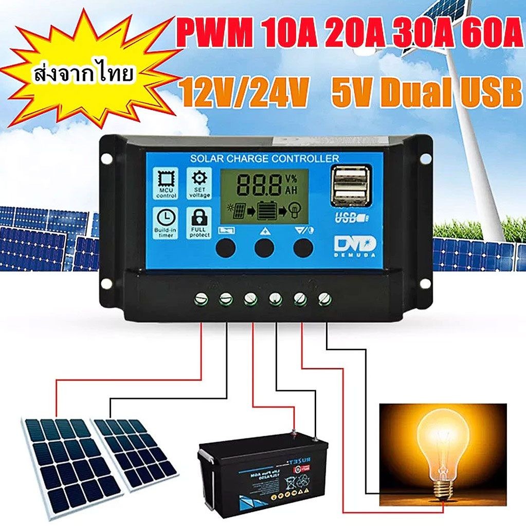 PWM 30A โซล่าชาร์จเจอร์ Solar Charge Controller แบตเตอรี่ 12V/24V LCD Display Dual USB Solar Panel Charger