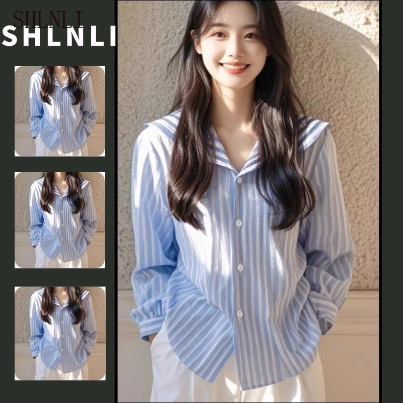 ฤดูใบไม้ร่วงผู้หญิงฝรั่งเศสสีฟ้าลายกองทัพเรือคอปกแขนยาวเสื้อลําลองและสบายด้านบน