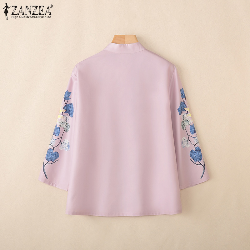 ซานเซีย วินเทจหรูหรา พิมพ์ลายดอกไม้ แขน3/4 เสื้อยืนปุ่มขึ้นสำหรับผู้หญิง - รูปที่ 6