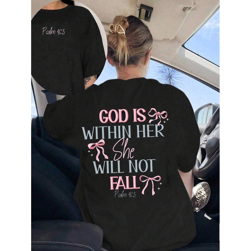 Kaos Lega สีดําผู้หญิง Ayat Alkitab Kristen "God Is In Her Heart", Saiz S-5XL