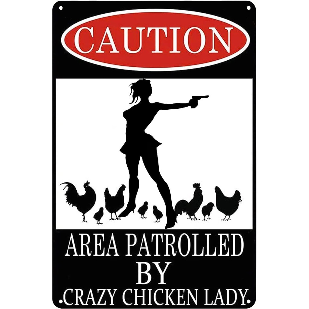 Caution Funny Sign Area Patrolled by Crazy Lady Metal Tin Sign Wonman Gun Poster Wall Art Decor Plaq