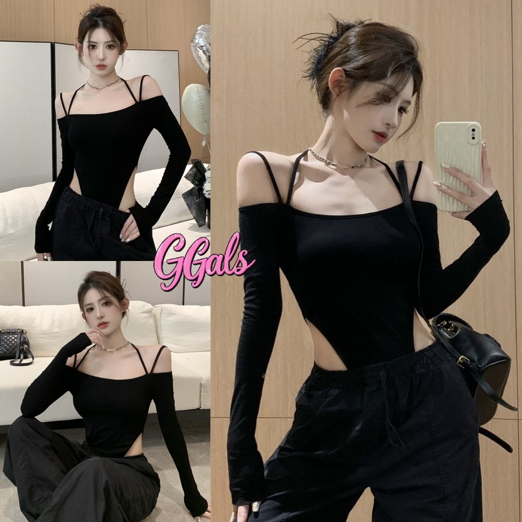 💐GGals💐เสื้อบอดี้สูท การจัดส่งที่รวดเร็ว แขนยาวเปิดไหล่เสื้อผู้หญิง การออกแบบที่ไม่สม่ำเสมอ เทรนด์เซ็กซี่