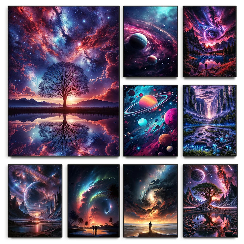 Surrealism บทคัดย่อ Space Fantasy Galactic ภูมิทัศน์โปสเตอร์ Universe Life Tree ภาพวาดผ้าใบ Wall Art