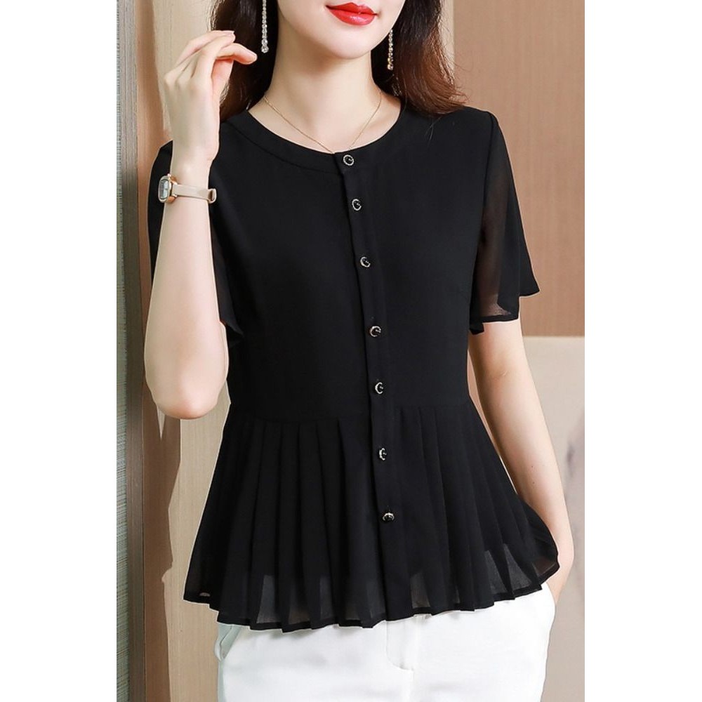 สีดําแฟชั่นกระโปรงจีบขนาดเล็กด้านบนผู้หญิง 2025 รอบคอหลวมลดอายุเสื้อชีฟองแขนสั้น 9.11 wfL