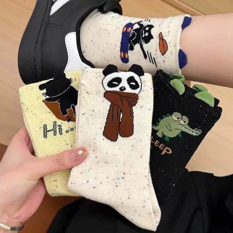 ชุดถุงเท้าเกลือและพริกไทยคอปกสูง 5 คู่ลายแมวแพนด้าแฟชั่นเกาหลีน่ารักสําหรับผู้หญิง TMT7 Cela