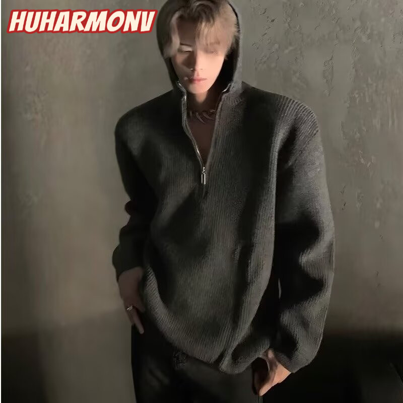 Ocshean เสื้อกันหนาวมีฮู้ดครึ่งซิปสําหรับผู้ชายใหม่เกาหลีย้อนยุคสไตล์ขี้เกียจแขนยาวด้านบนในฤดูใบไม้ร