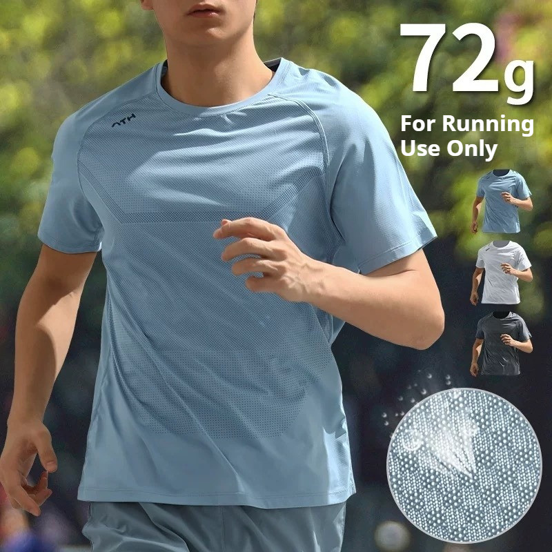 เสื้อยืดสำหรับผู้ชาย ทำจากผ้าไหมน้ำแข็ง ซัมเมอร์ปี 2025 แห้งไว เหมาะสำหรับการออกกำลังกายและวิ่งในยิม สีเทา สีดำ และสีฟ้า