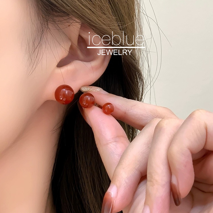 Iceblue- Hypoallergenic ธรรมชาติสีแดงอาเกตหินสตั๊ดต่างหูผู้หญิง S925 เงินกันน้ํา Non Tarnish สแตนเลส E112