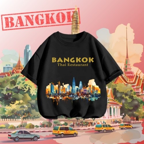 กรุงเทพมหานคร Skyline พิมพ์ 100% ผ้าฝ้าย ยูนิเซ็กส์ เสื้อยืดคอกลม กรุงเทพมหานคร Skyline เสื้อสำหรับผ