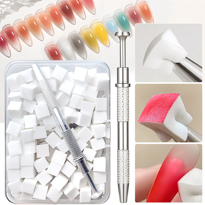 UR SUGAR 100 ชิ้น Square Nail Art ฟองน้ํา + คว้าชุดปากกา Gradient เล็บแปรงเจลออกแบบฟองน้ําคว้าปากกาอุปกรณ์แต่งเล็บ