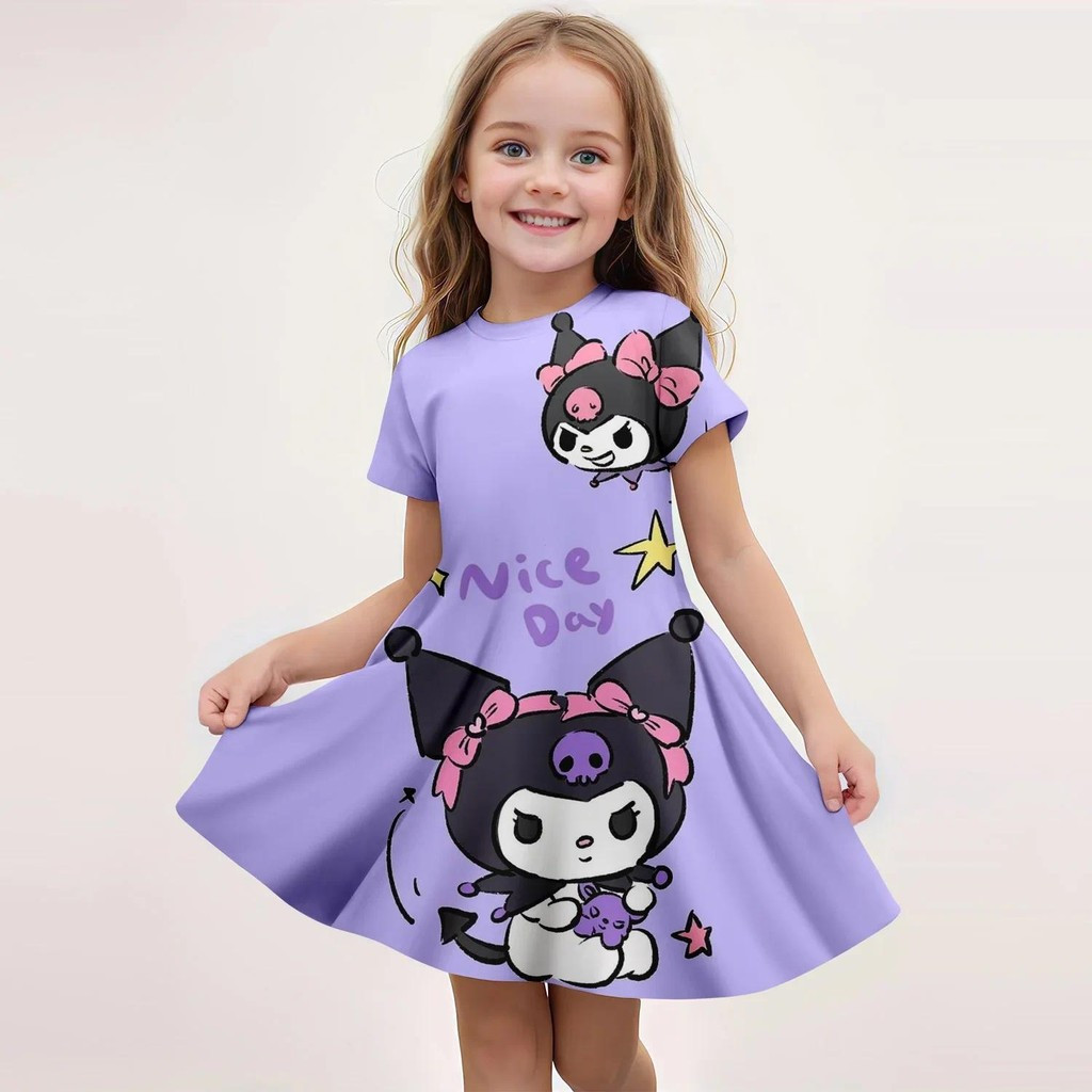 SANRIO ชุดเด็กผู้หญิงแขนสั้น ดีไซน์การ์ตูนคุโรมิ สไตล์แฟชันฤดูร้อน