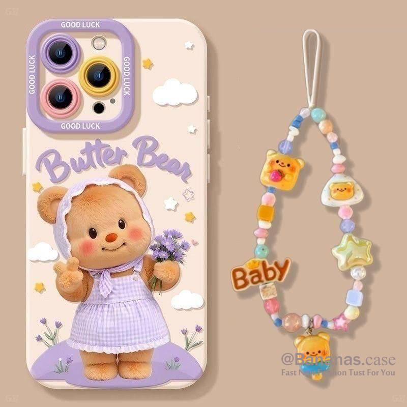 ใช้งานร่วมกับ Wth iPhone 16 15 14 13 12 11 Pro Max X Xr Xs Max 7 8 Plus SE2020 เคสโทรศัพท์การ์ตูนอะนิเมะดอกไม้สีม่วงหมีเนย + Lanyard นุ่มปกหลัง
