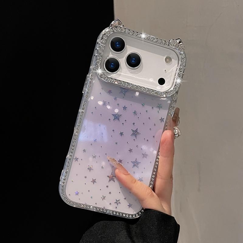 เคสโทรศัพท์หูแมวดาวเพชรสองด้านหรูหราสําหรับ iPhone 17/16/15/14/13/12 Pro Max | กันกระแทกกล้องกันกระแทกฮาร์ดปกหลัง