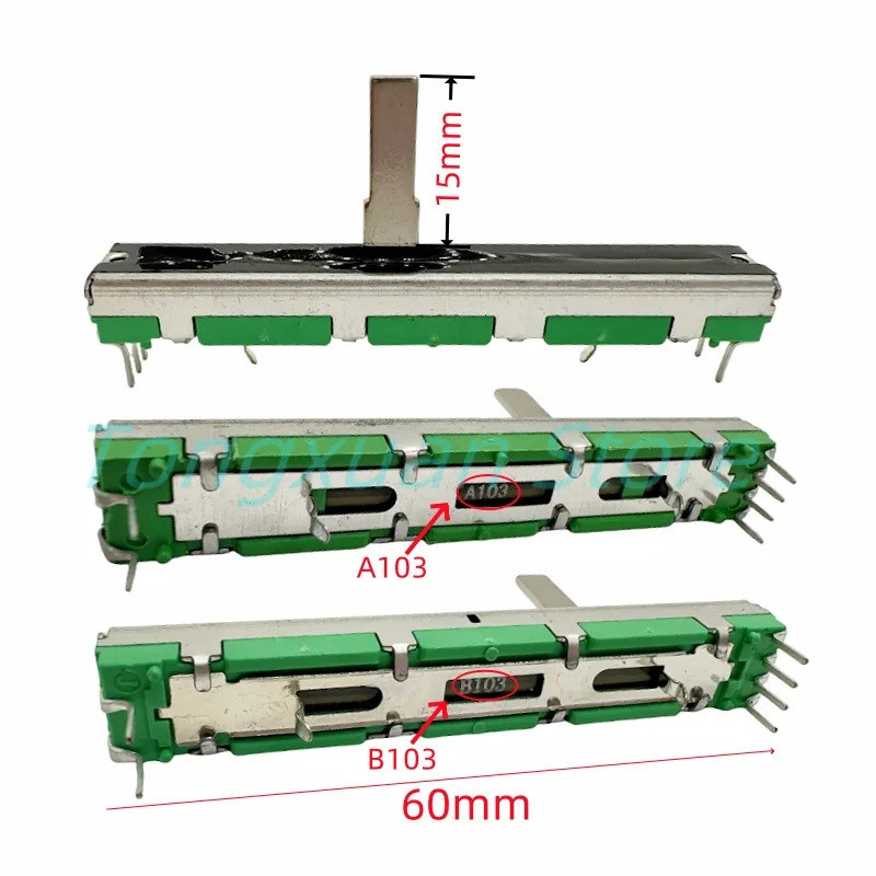 5pcs 60 มม.ตรงสไลด์ Liner Potentiometer Mixer Fader Variable Resistors A103 B103 10K Ohm 6pins Dual Channel Fader