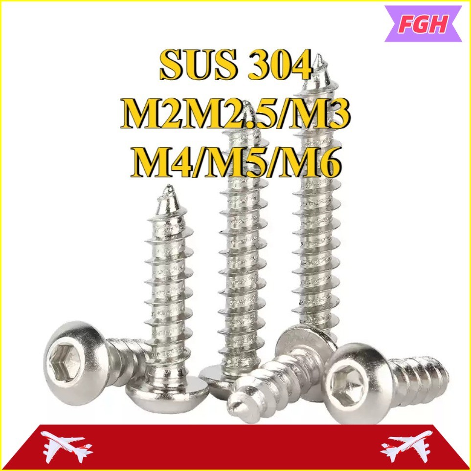 สกรู เกลียวปล่อย เตเปอร์   หัวจมกลม สแตนเลส 304 / Button Head Hexagon Socket Tapping Screw SUS304 M2M2.5/M3/M4/M5/M6 * L6-60 mm. FGH-CB-1