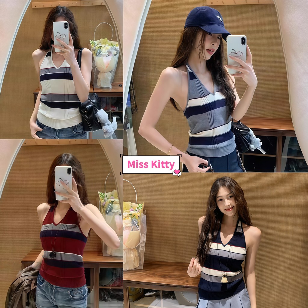 Miss Kitty แขนกุด เสื้อคล้องคอ เว้าหลัง น่ารักมากๆ ผ้าไหมพรม ลายทางยืดพอดีตัว "25149"