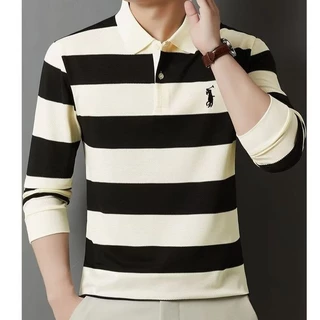 TLHGQ เสื้อโปโลลายทางแขนยาวสำหรับผู้ชาย ใส่แล้วสบาย มีสไตล์