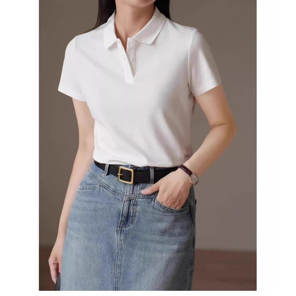 Bella shop เสื้อยืดสวยๆผู้หญิง เสื้อโปโล สีพื้น แขนสั้น ด้วยปุ่ม ทรงเข้ารูป สไตล์เกาหลีเรียบง่าย