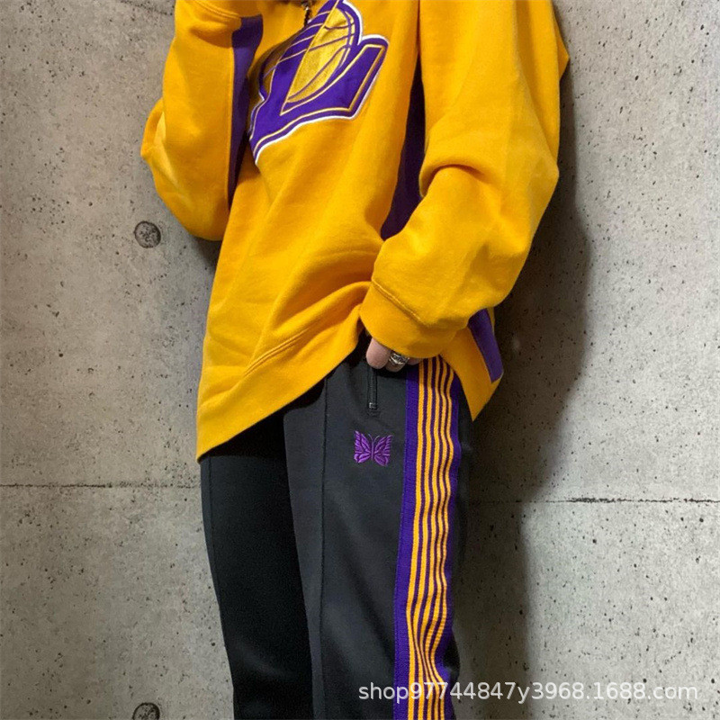 Needles track Men's Embroidered Casual Straight Pants Summer Sports Pants Draped Wide-Leg Pants Lake