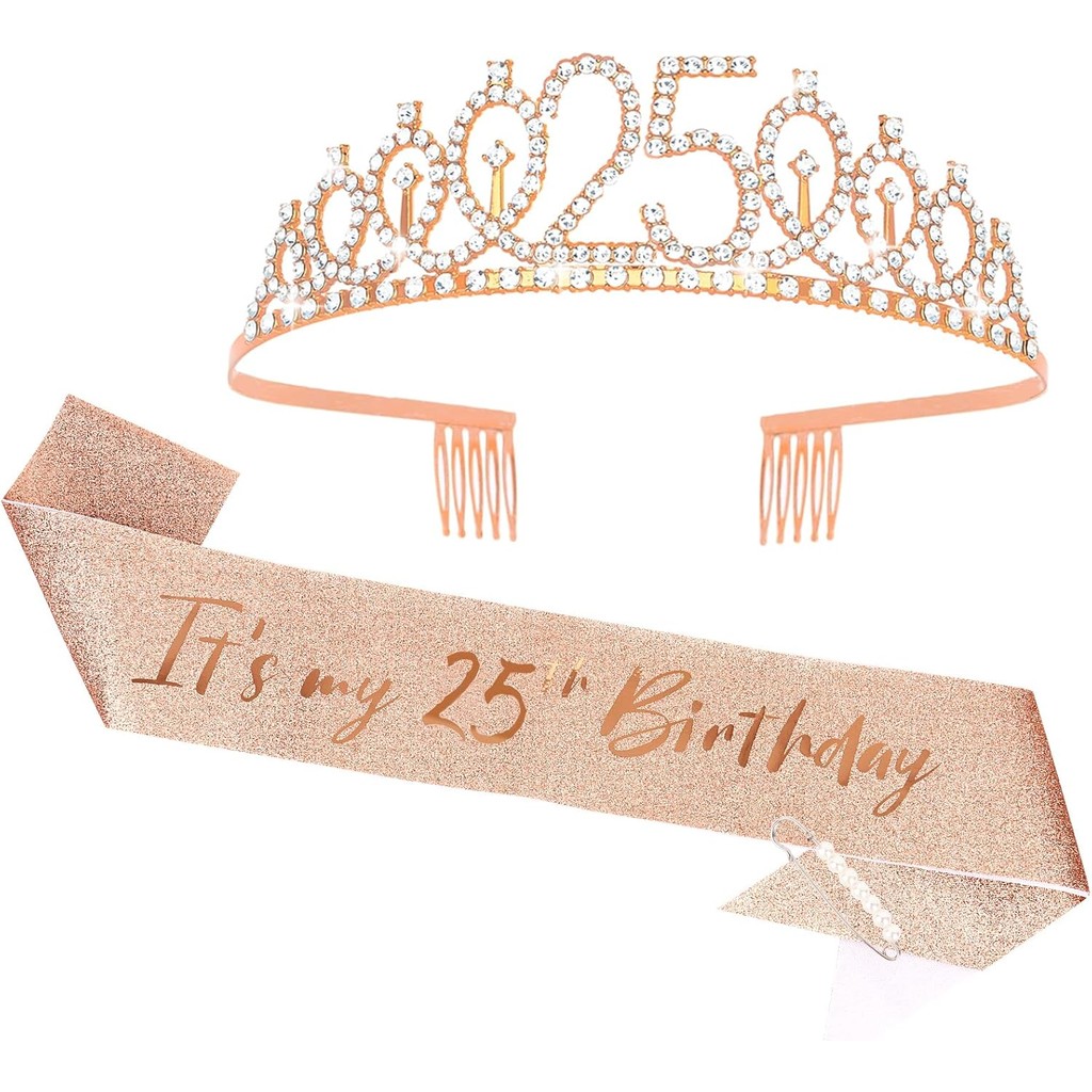 Casoty Rose Gold 25th วันเกิด Sash และ Tiara สําหรับผู้หญิง, 25th Birthday Party ตกแต่งสําหรับผู้หญิ