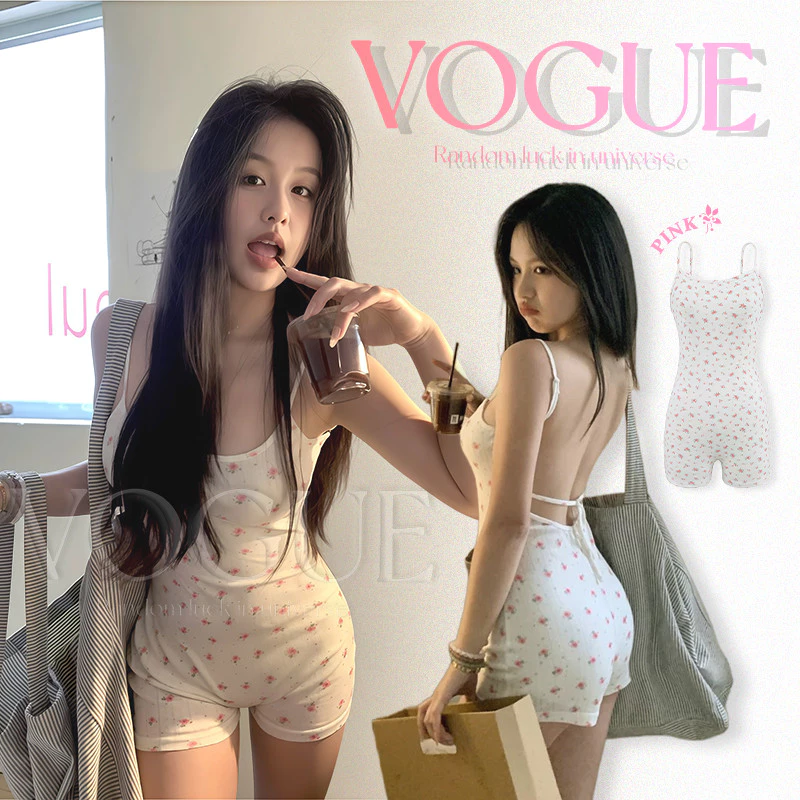 Vogue🌟พร้อมส่ง🌟 ชุดมินิจั๊มสูท ลายดอกไม้ สีชมพู ทรงรัดรูปผ้านิ่มใส่ง่าย (FY9981)