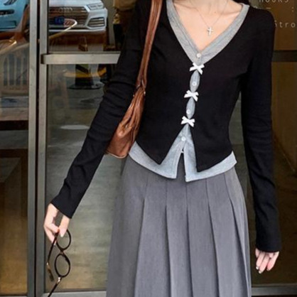 E1 เสื้อยืดผ้าฝ้ายถักเสื้อกันหนาวแขนยาวคอเต่าผูกโบว์ 2 ชั้น Slim Form,คาร์ดิแกนแขนยาวมีโบว์ L310 C2-