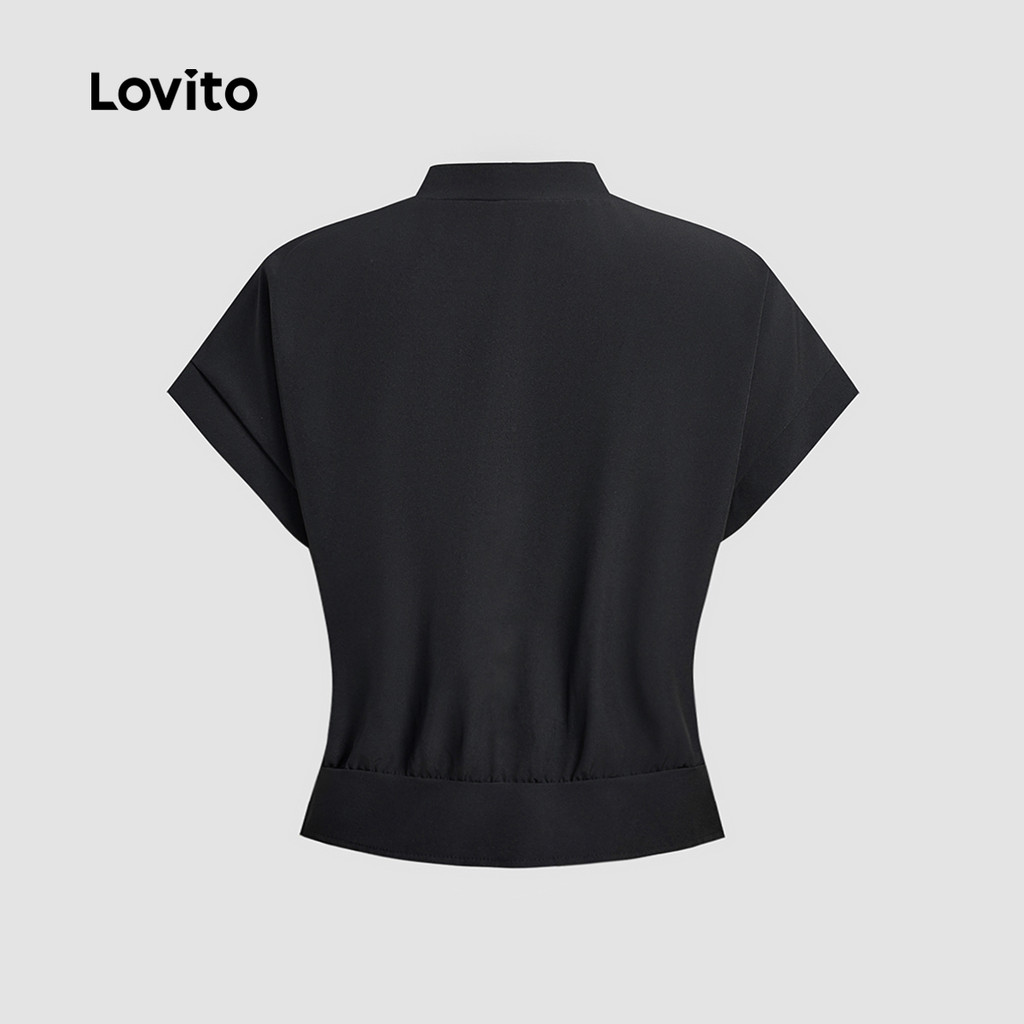 Lovito เสื้อผู้หญิงแบบสุภาพ แขนทรงเสื้อบานปุ่ม สปริง/ซัมเมอร์ สีดำ L150ED107 - รูปที่ 3