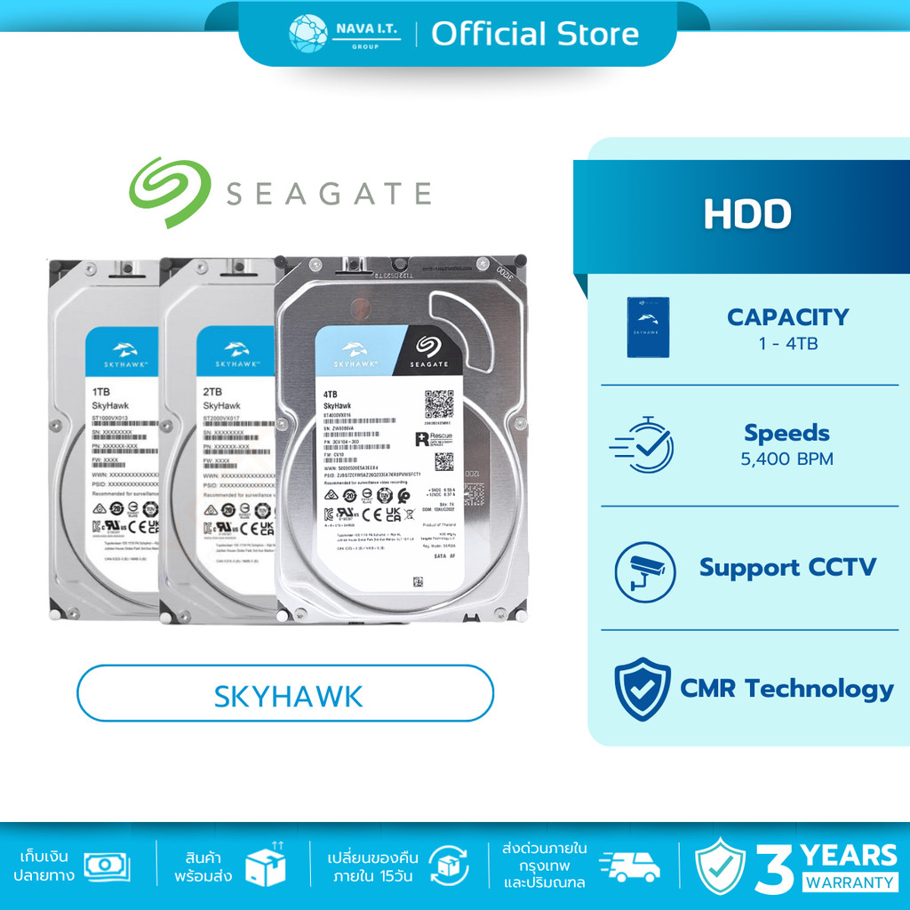 SEAGATE SKYHAWK 1TB 2TB 4TB SURVEILLANCE HDD FOR CCTV รับประกัน 3 ปี