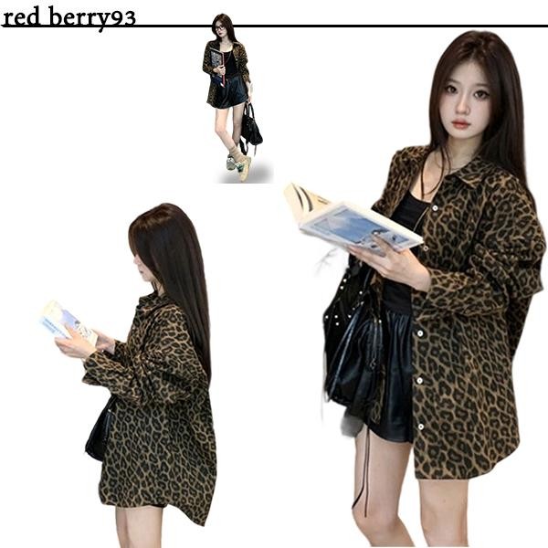 Red Berryเสื้อเชิ้ตแขนยาวทรงหลวมพิมพ์ลายเสือดาวสไตล์อเมริกันW549