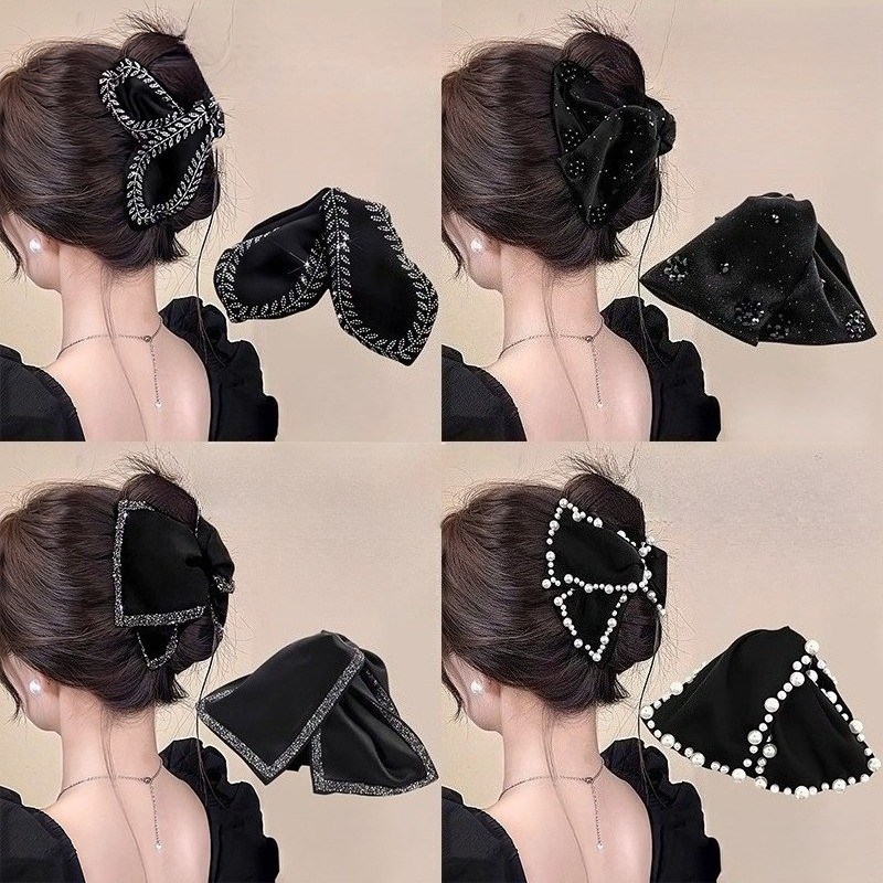 กิ๊บโบว์สไตล์เกาหลี ส่องประกายหรูหรา สีดำสำหรับสตรี