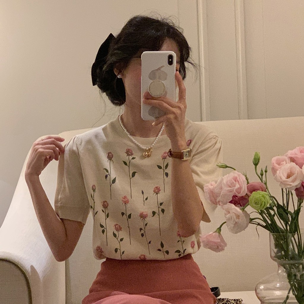 พัดลม Wenwen Matte Pink Rose สาวฝรั่งเศสดอกไม้หวานรอบคอPullover All-Matchเสื้อถักแขนสั้นถักเล็บฉีด N