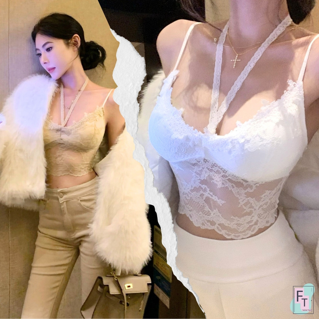 💢FT อินเทรนด์💢เสื้อสายเดี่ยวลูกไม้ มาพร้อมสายลูกไม้คล้องคอถอดได้ 3 สี อกมีฟองน้ำ