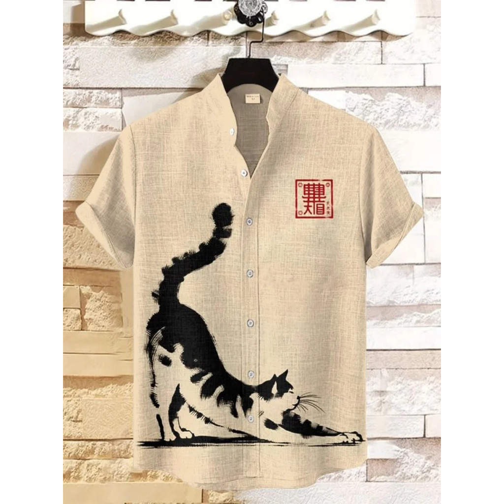 เสื้อเชิ้ตผู้ชายลายบุสิโดพิมพ์ลายศิลปะ3มิติ ใส่สบายในหน้าร้อน