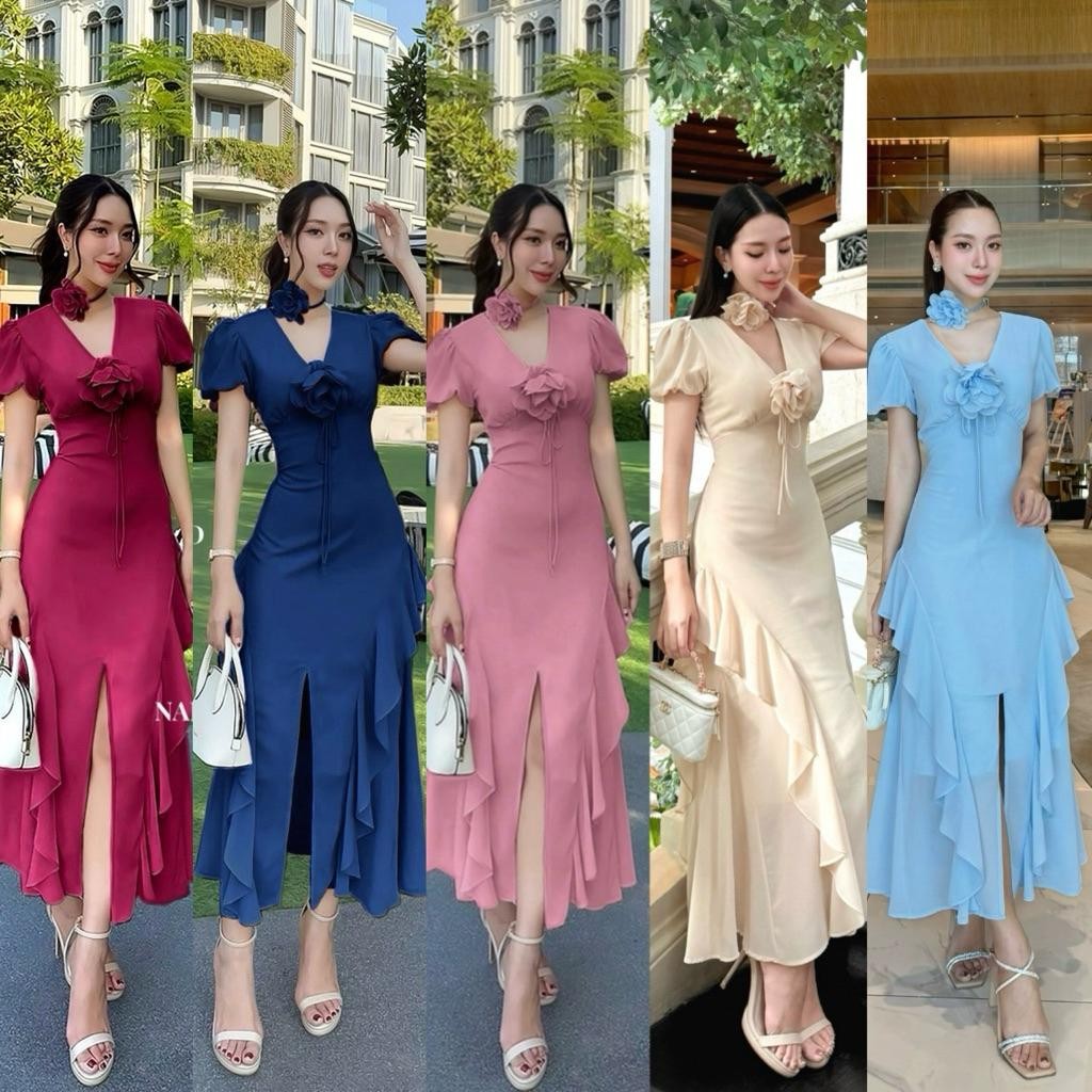 (พร้อมส่ง) NABI59 •Dress ผ้าชีฟองแขนสั้น ทรงคอV ช่วงอกแต่งเป็นสายผูกโบว์ติดดอกไม้เข็มกลัด