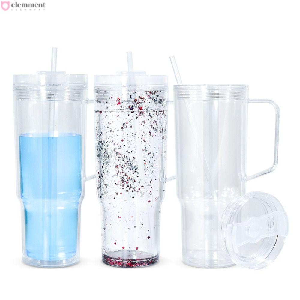 CLEMMENT Snowglobe Tumbler,พร้อมที่จับ DIY ถ้วยพลาสติก, มือถือโปร่งใสเจาะล่วงหน้าหลุม 40 ออนซ์ความจุ Glitter Snow Drinkware