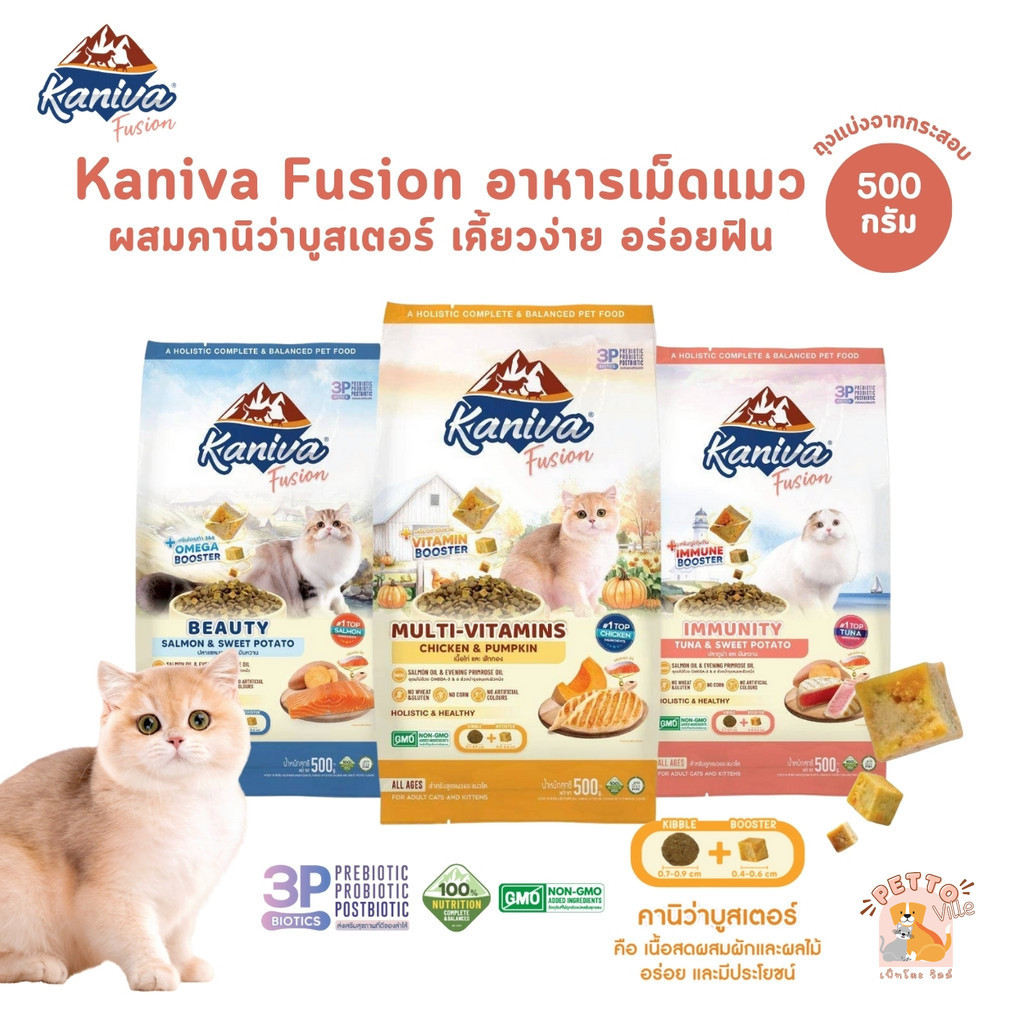 (ถุงแบ่ง) Kaniva Fusion อาหารแมวคานิว่า ผสมบูสเตอร์ ทานง่าย เคี้ยวง่าย สารอาหารอัดแน่น ขนาด 500 กรัม