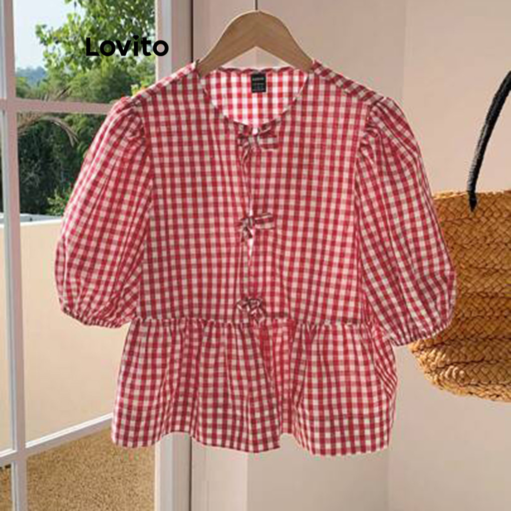 Lovito เสื้อเชิ้ตน่ารักลายตารางหมากรุก ผูกโบว์ด้านหน้า สำหรับผู้หญิง L101AD087