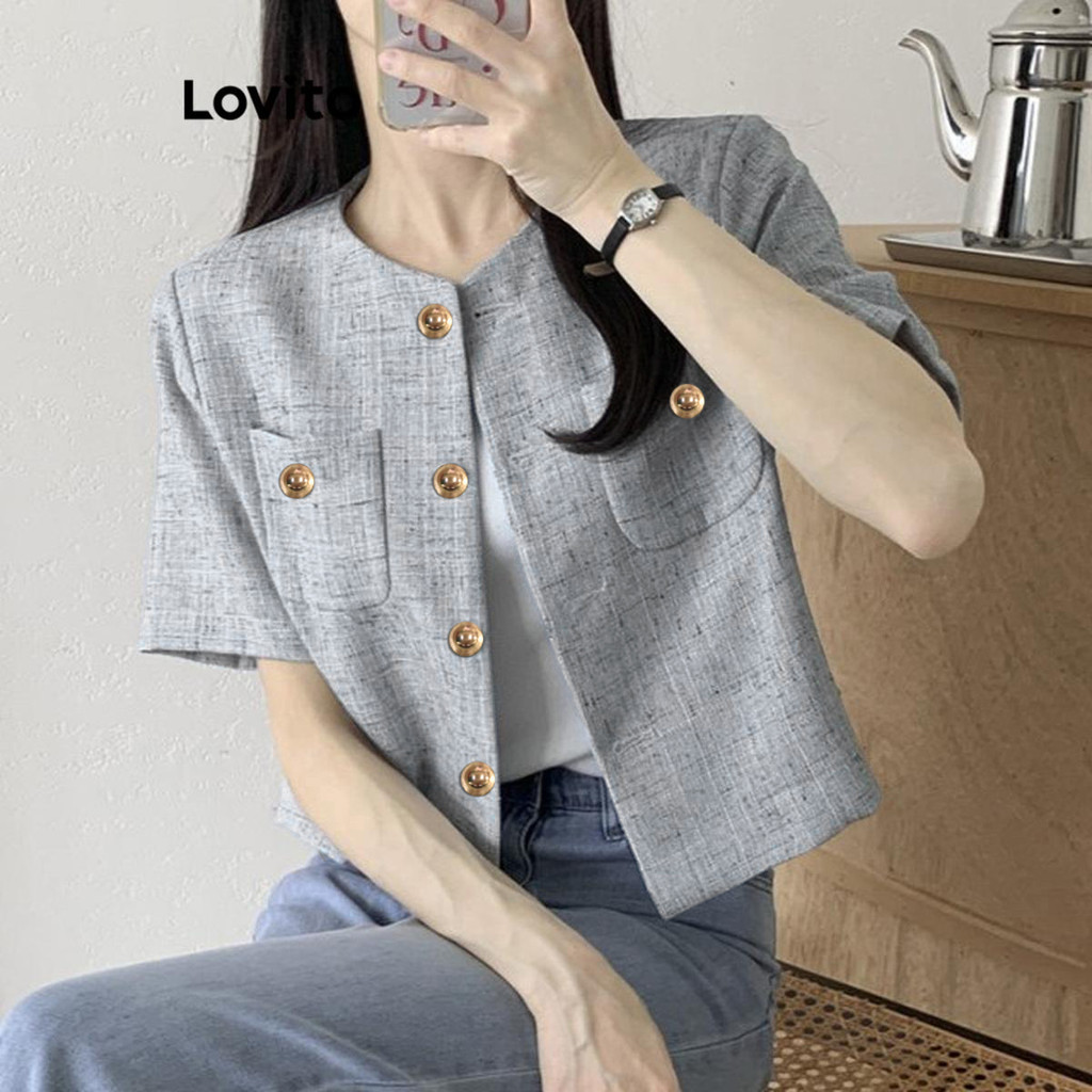 Lovito เสื้อลําลองผู้หญิง กระเป๋าคู่ มีกระดุมโลหะ สําหรับฤดูใบไม้ผลิและฤดูร้อน LNE62083 ราคา ถูกที่สุด ดีลบีเคเค แกลเลอรีภาพที่ 4