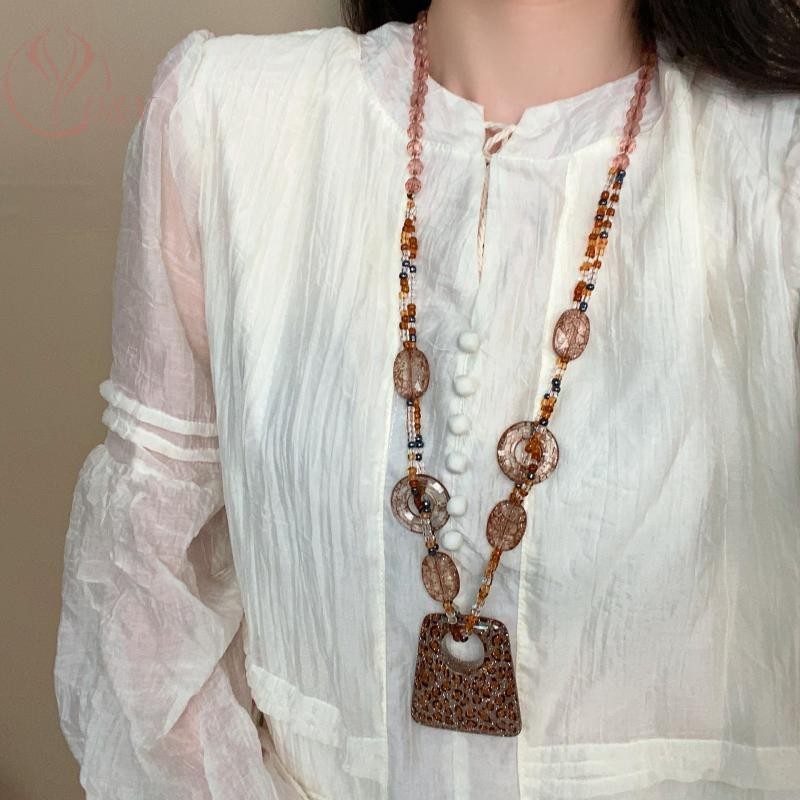 Layou ชาติพันธุ์ Sle รอบเรซิ่นเสือดาวเสื้อกันหนาวยาวสร้อยคอ Retro จี้คริสตัลหญิงเครื่องประดับคออุปกร