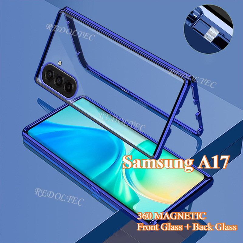 สําหรับ Samsung Galaxy A17 A17 LTE 5G 4G ปลอก 360 ป้องกันเลนส์เต็มแม่เหล็กโลหะกรณี SamsungA17 สองด้านด้านหน้ากลับกระจกเต็มฝาครอบโทรศัพท์พร้อมหัวเข็มขัดล็อค