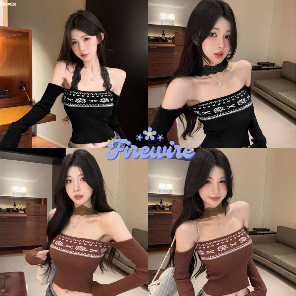 Firewire🔥พร้อมส่ง🔥 เสื้อไหมพรมเปิดไหล่คาวาอี้ แขนยาว สไตล์โบฮีเมี่ยน สีพื้นยืดพอดีตัว 31122