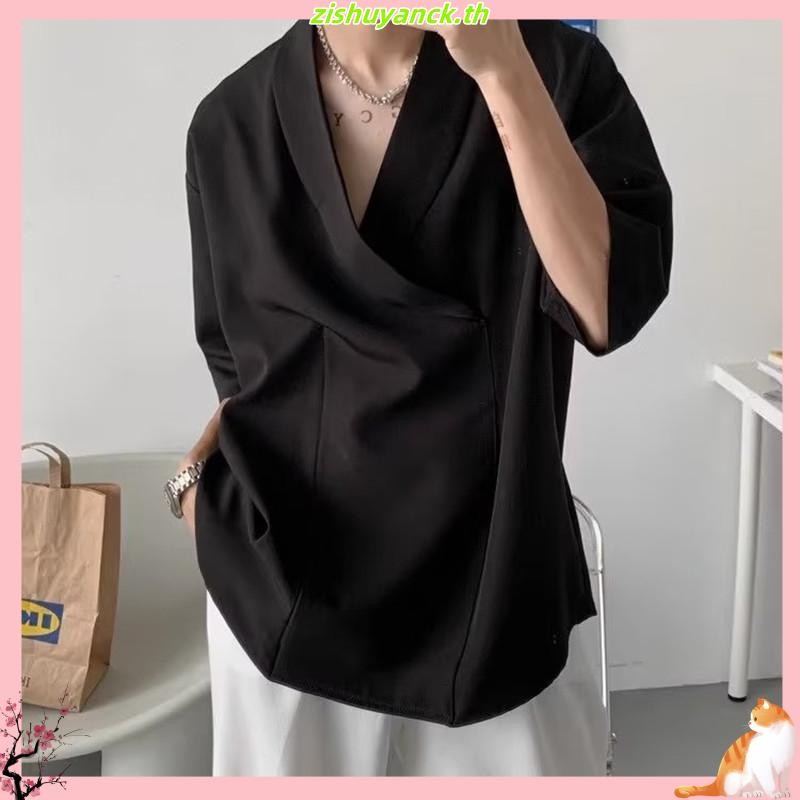 Hls ผู้ชายฤดูร้อนเสื้อ V คอหลวม Baggy สีทึบนุ่ม Hip Hop ครึ่งแขนนุ่ม Breathable Casual Pullover Stre