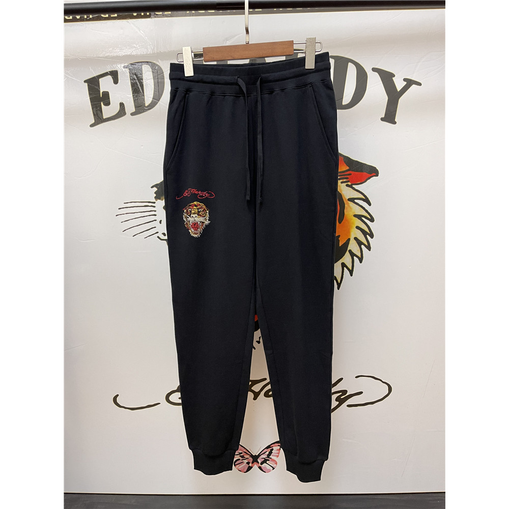 ED Edhardy Street Wear Hot เจาะ Tiger Head Casual Loose Sweatpants ผ้าฝ้ายแท้ All-Match กางเกงผิว